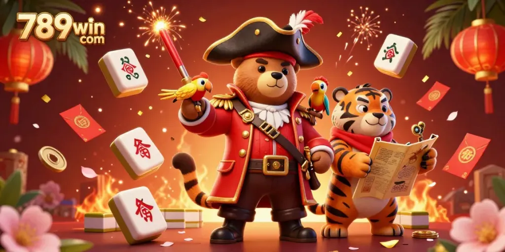 Engage with thrilling gambling action at 789win com, featuring a pirate bear and tiger in a dynamic casino scene.