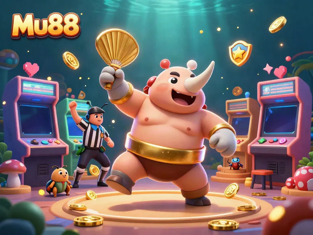 Experience the thrill of Mu88 in this vibrant 3D scene with a sumo beetle champion and golden coins.