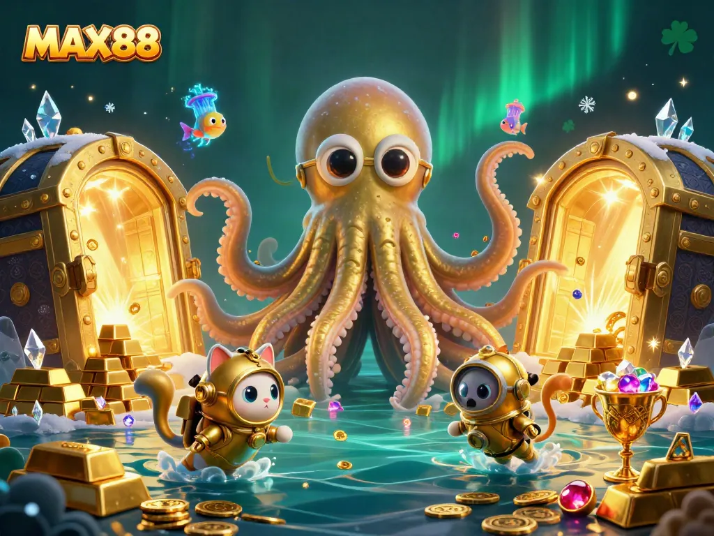 Engage with MAX88's enchanting treasure hunt featuring a colossal kraken, a diving cat, and bioluminescent sea creatures.