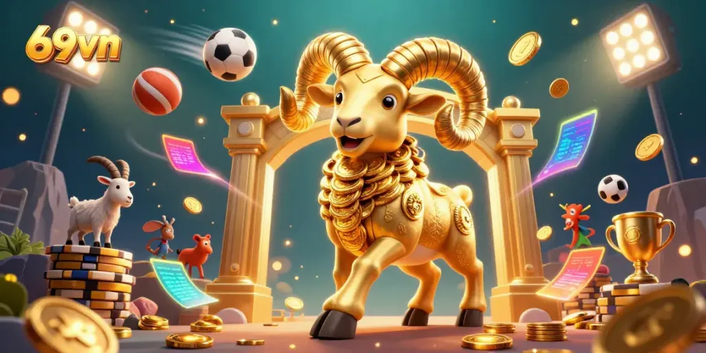 Witness the thrilling action of 69vn as a golden ram charges through a glimmering casino!