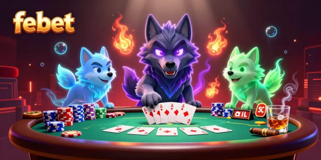 Engage with fe bet service featuring a vibrant 3D casino scene with poker and ghostly wolves.