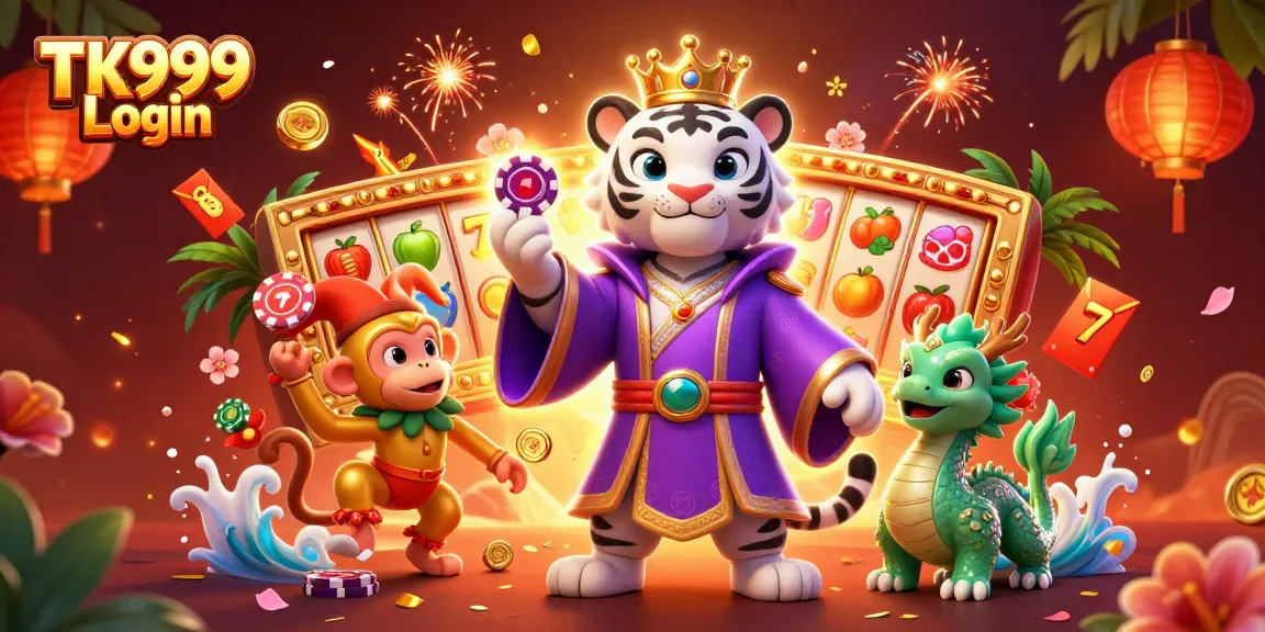 Experience thrilling gameplay with TK999 Login, featuring colorful slot reels, a majestic tiger, and vibrant casino elements.
