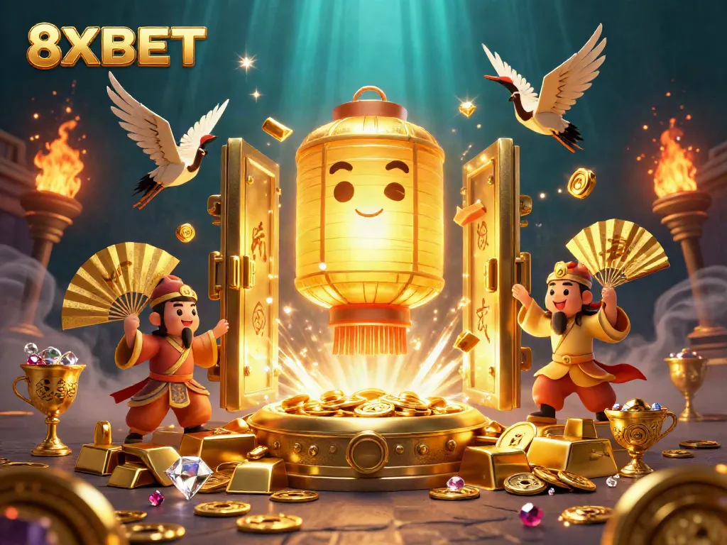 Experience thrilling casino adventures with 8XBET's captivating colorful 3D gaming scene featuring golden treasures and lucky spirits.