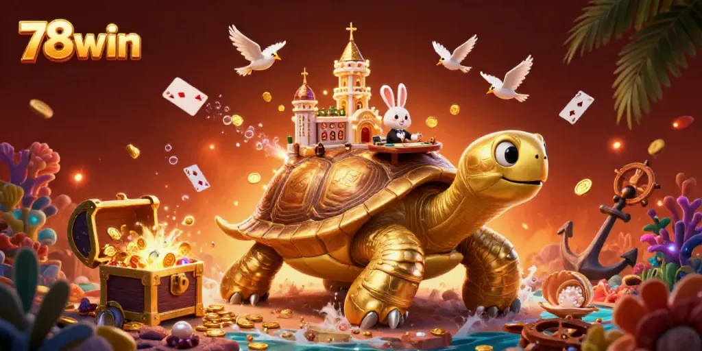 Experience the excitement of 78win in a vibrant casino scene with a golden tortoise and dealer.