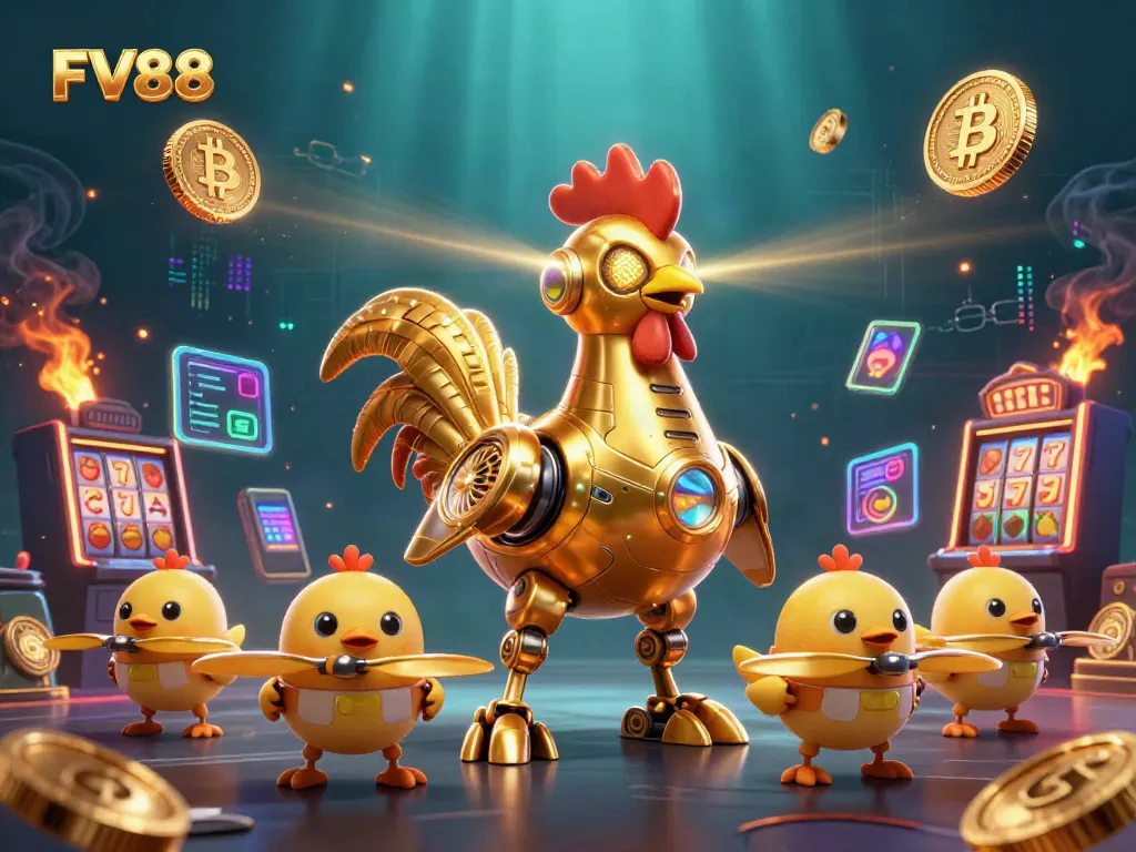 Experience the vibrant energy of FV88 with a 3D robot and chick drones bringing casino gaming to life.