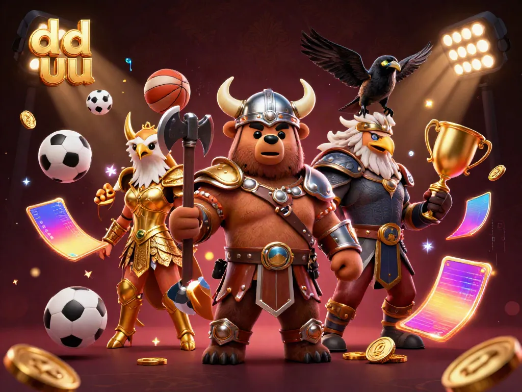 Engage with thrilling gameplay at dd uu, featuring a Viking bear and Valkyrie eagle amidst sports elements.