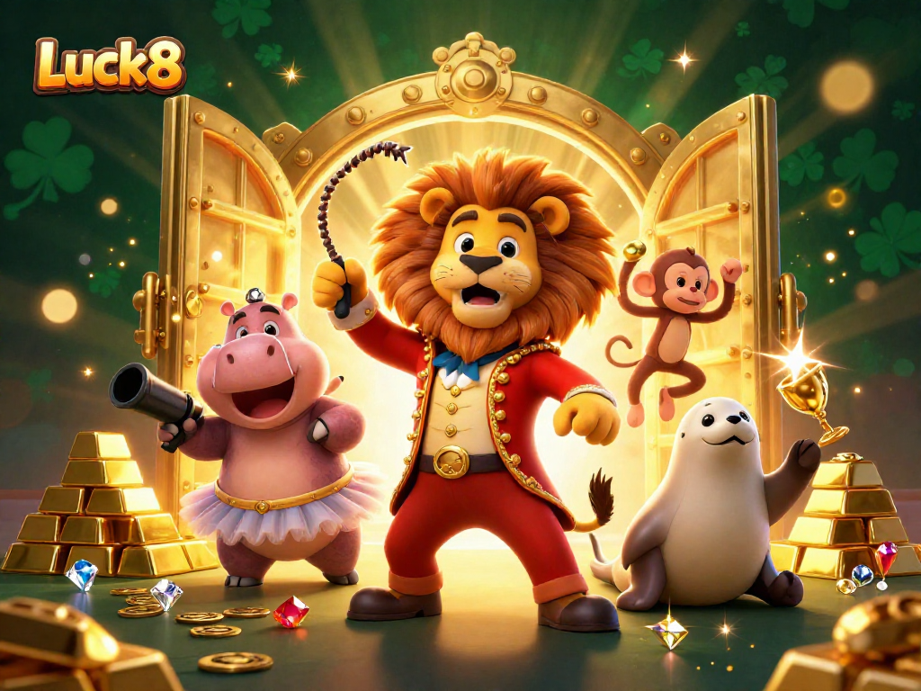 Experience the thrill of Luck8 with a vibrant 3D casino scene showcasing lively characters and dazzling treasures.